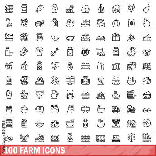 100 farm icons set, outline style