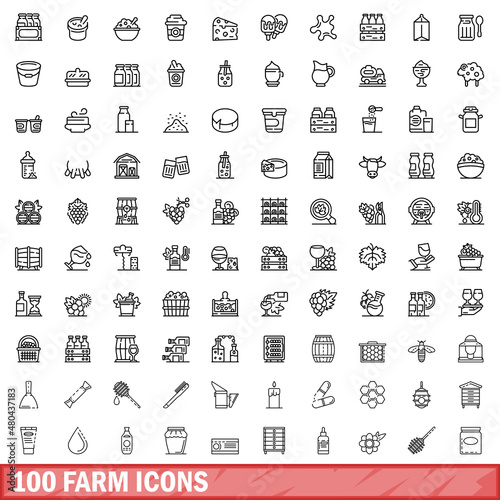 100 farm icons set, outline style