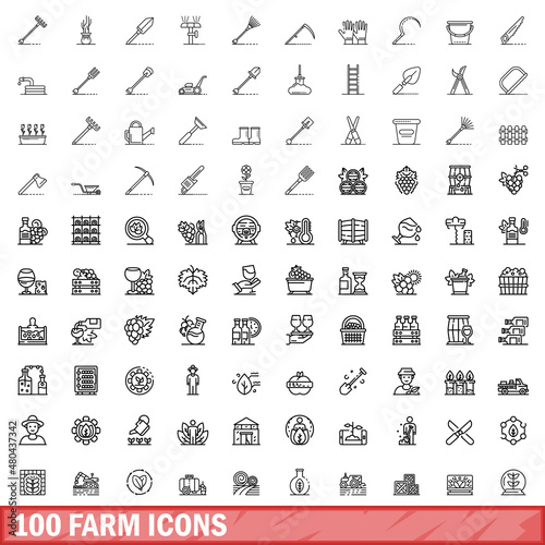 100 farm icons set, outline style