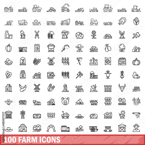 100 farm icons set, outline style