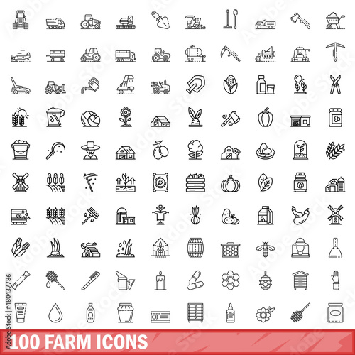 100 farm icons set, outline style