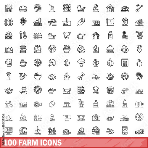 100 farm icons set, outline style
