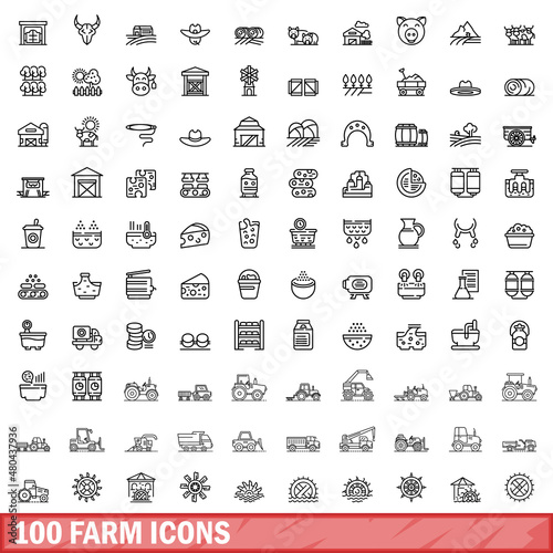 100 farm icons set, outline style