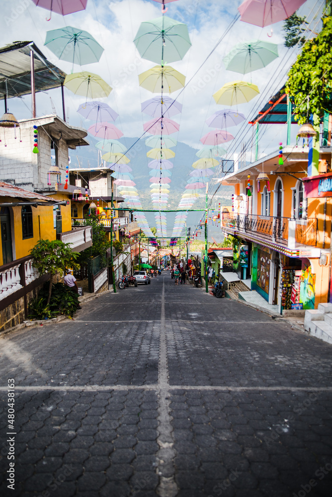 Colorful streets of San Juan La Laguna at Lake Atitlan, Guatemala. 