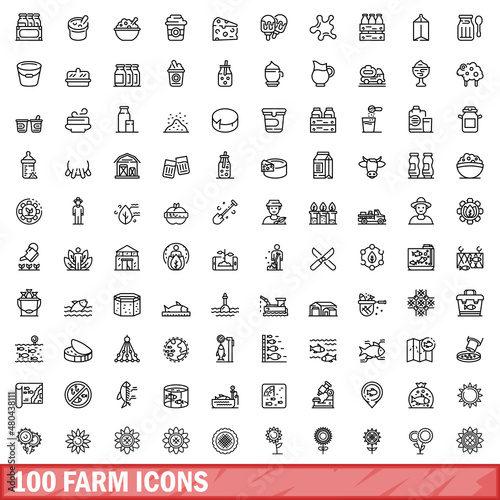100 farm icons set, outline style