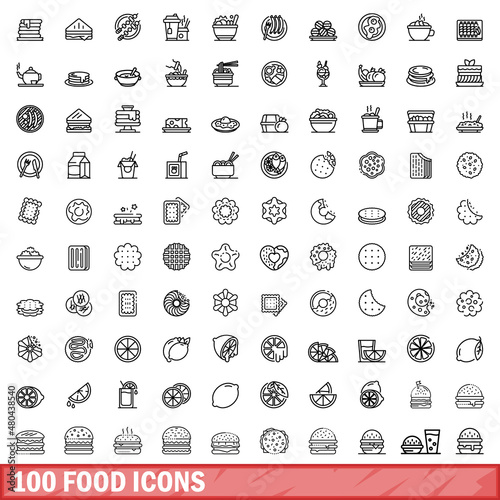 100 food icons set, outline style