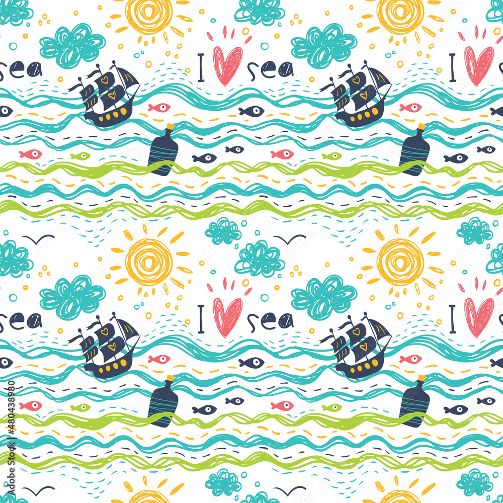 Obraz premium Seamless pattern in the concept of children's drawings. Seamless pattern with ships, fish, sun, clouds, sea and waves.