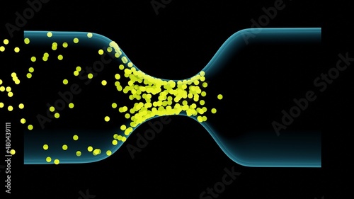 Particles flowing through tube with wide , narrow openings. Particles passing through wide narrow cylinder , hourglass shape. Data bottleneck . Limited bandwidth.
3d rendering illustration