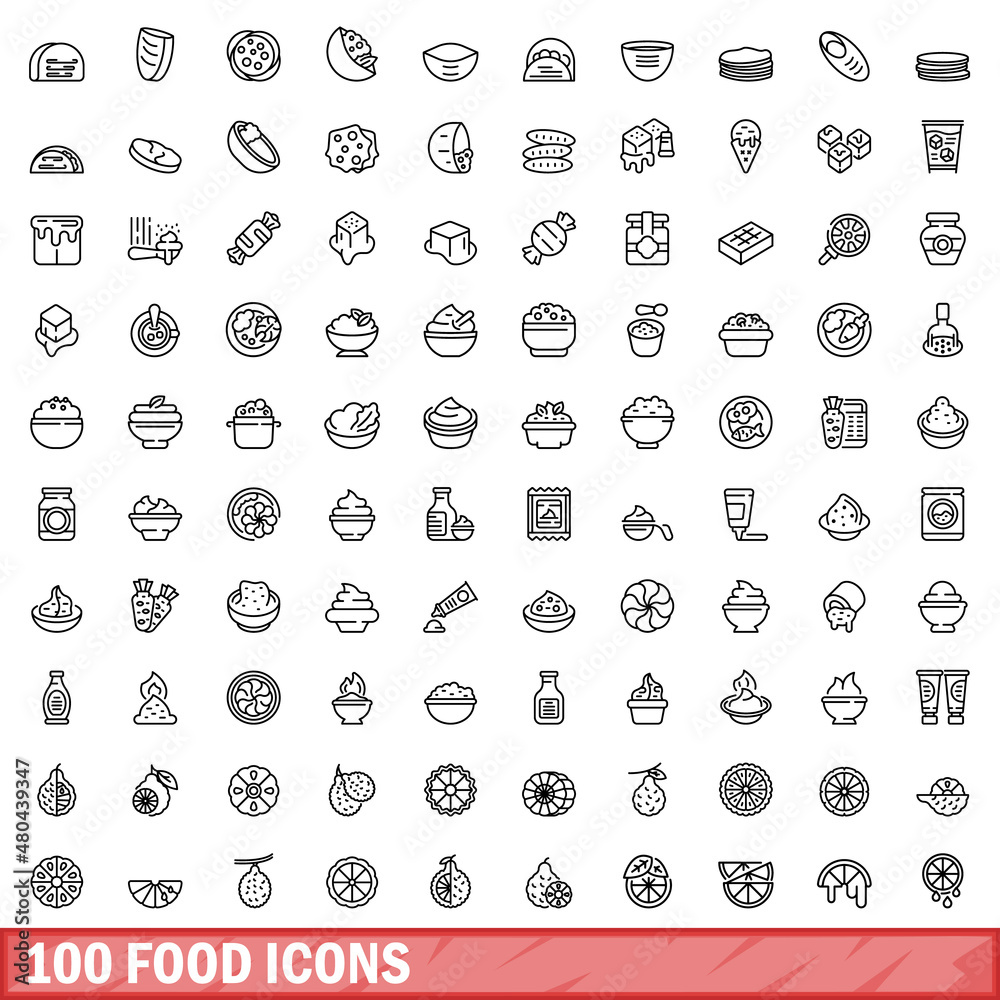 100 food icons set, outline style