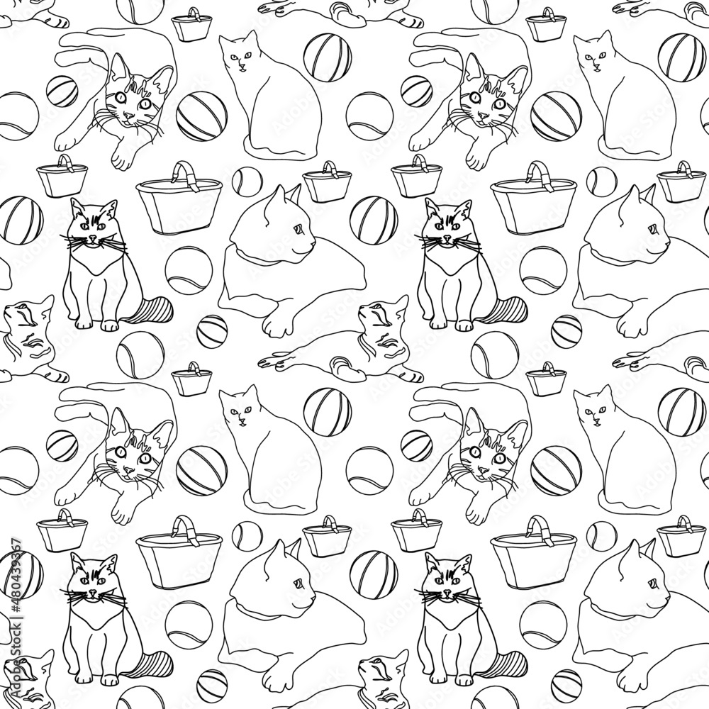 Doodle cats seamless animalistic pattern with cats, balls and baskets
