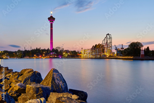 Näsinneula tower and Särkänniemi amusement park at blue hour in Tampere