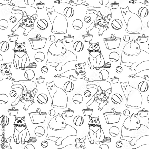 Doodle cats seamless animalistic pattern with cats, balls and baskets
