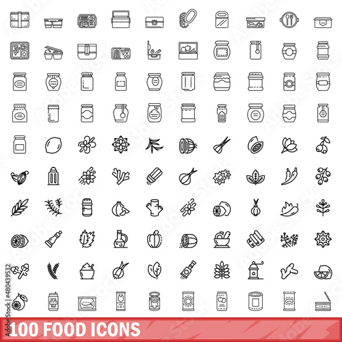100 food icons set, outline style