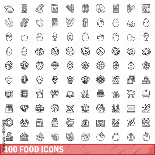 100 food icons set, outline style