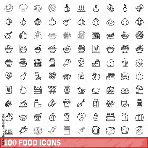 100 food icons set, outline style