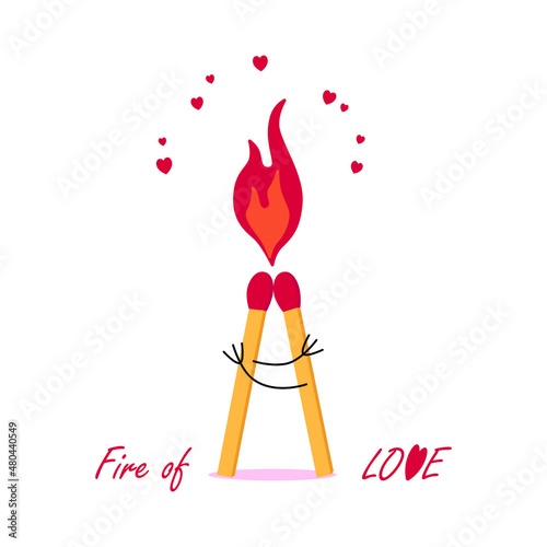 Fire matches hug with hands  and ignites fire of love. Love story. Funny illustration. Relationship. Vector design concept for Valentines Day and other users.