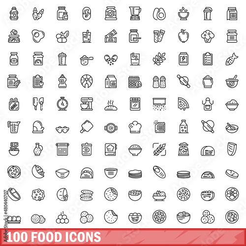 100 food icons set, outline style