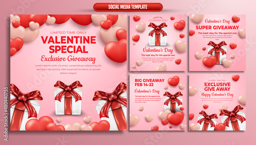 Social media template valentine special give away with realistic gift box and hearts
