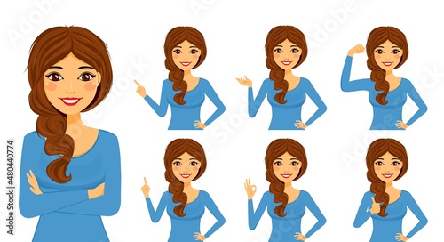 Set. A young pretty woman makes gestures with her hands. Flat style on a white background. Cartoon
