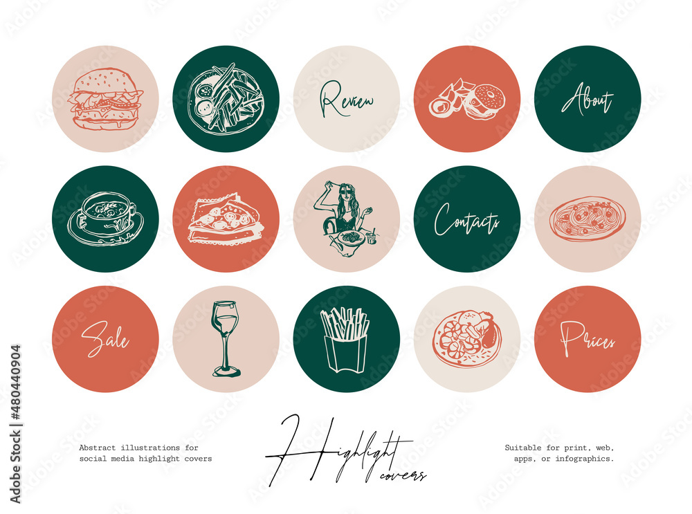 Set of hand drawn line art food and beverages illustrations for social media highlight cover Set of hand drawn line art food and beverages illustrations for social media highlight cover