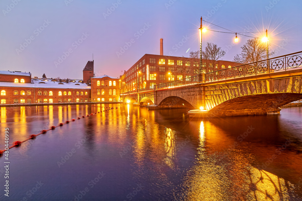 Tampere old brick buildings and Tammerkoski rapids 