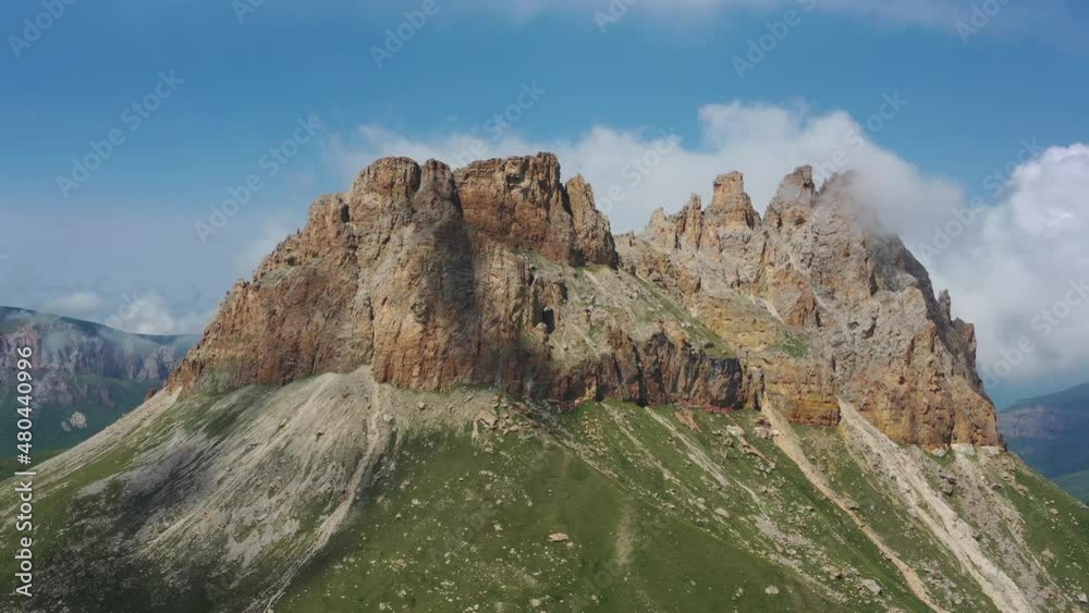 Aerial around view on Naujiza or Mother-in-law teeth mountain with fantastic cliffs in Kabardino-Balkaria, Caucasus, Russia, 4k Aerial around view on Naujiza or Mother-in-law teeth mountain with fantastic cliffs in Kabardino-Balkaria, Caucasus, Russia, 4k