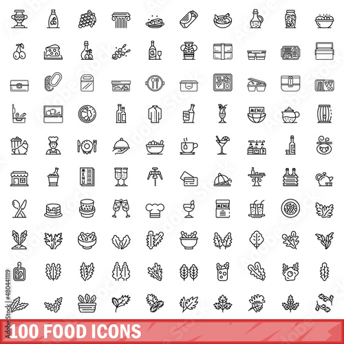 100 food icons set, outline style