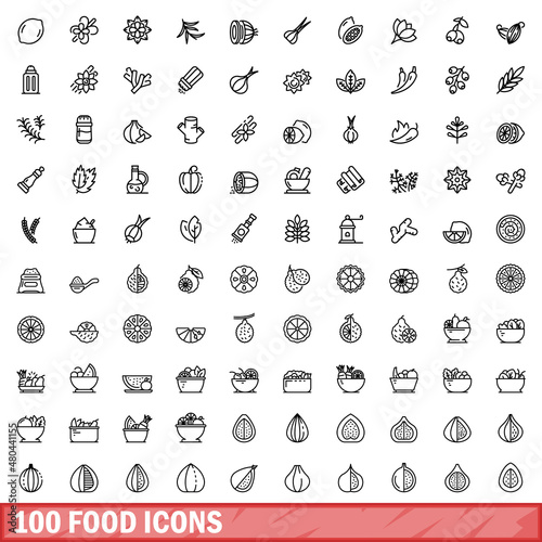 100 food icons set, outline style