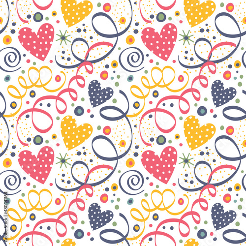 Seamless pattern with serpentine, balloons and hearts.