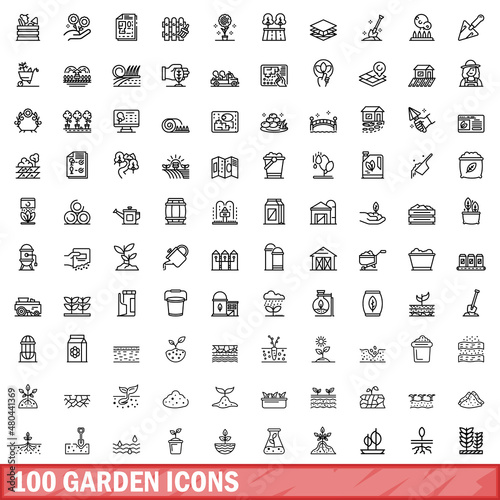 100 garden icons set, outline style