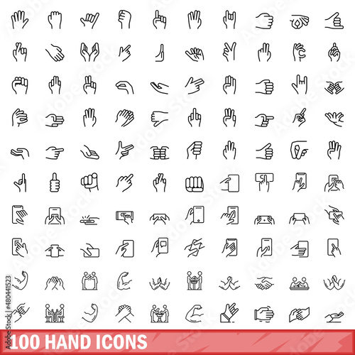 100 hand icons set, outline style