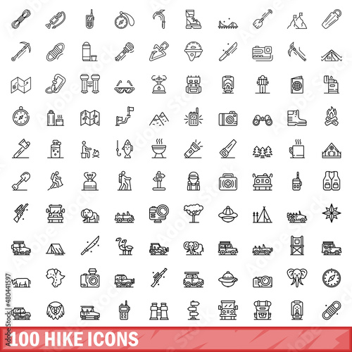 100 hike icons set, outline style