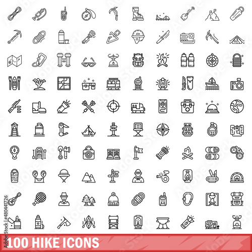 100 hike icons set, outline style