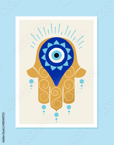 Poster with Turkish traditional amulet. Abstract art with evil eye and magical patterns. Protection from bad emotions and unkind people. Cartoon flat vector illustration isolated on blue background photo