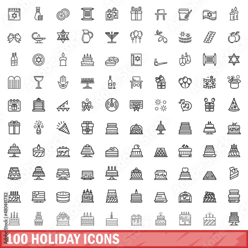 100 holiday icons set, outline style
