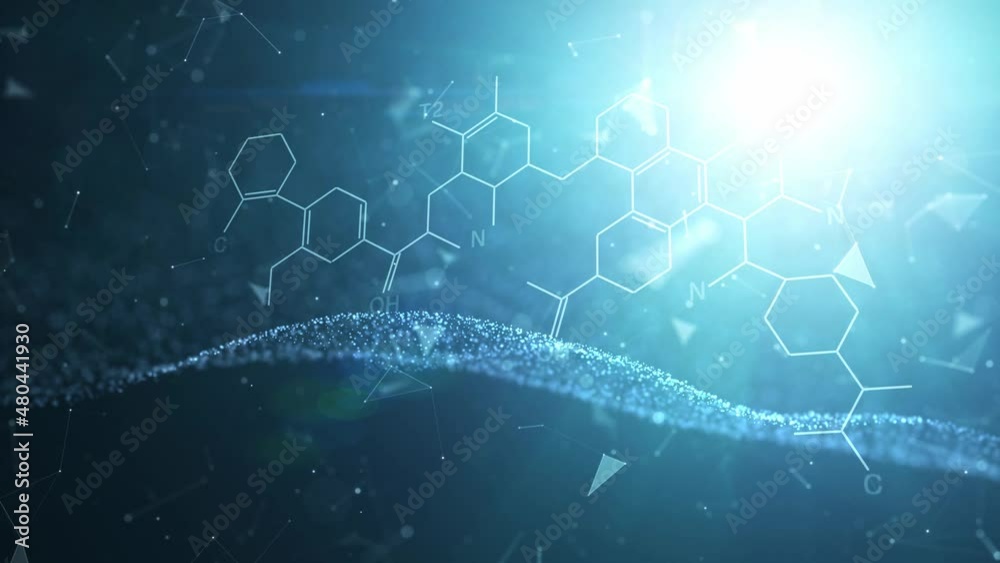Chemical hexagon bonds connecting on bright blue wavy background with shining light and plexus design science animation.