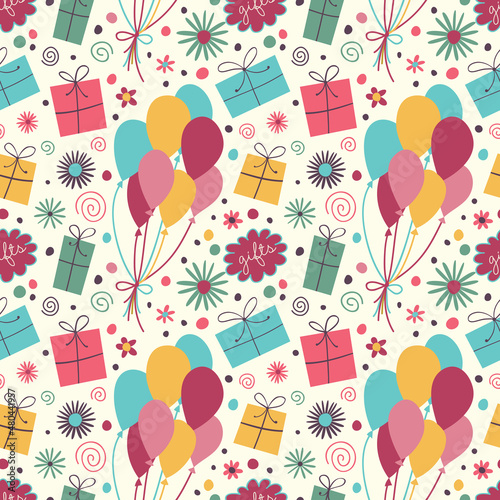 Seamless pattern with balloons, gifts, flowers and serpentine.