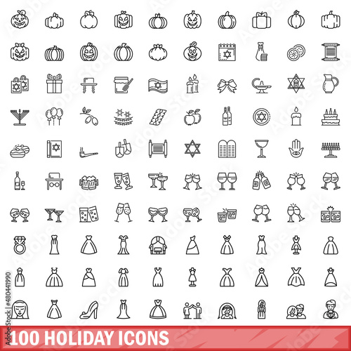 100 holiday icons set, outline style
