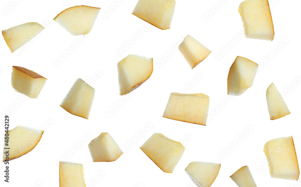 Pieces of delicious ripe melon falling on white background