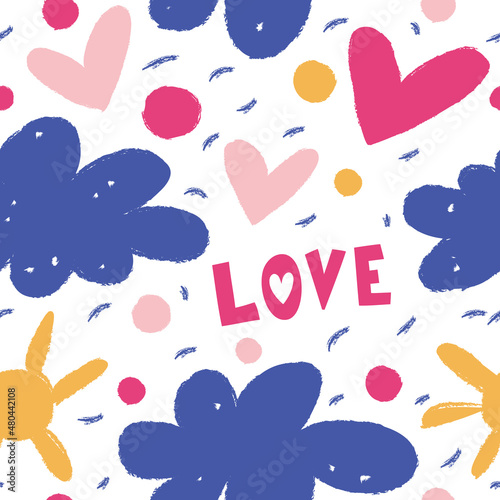 Seamless background with love lettering  hearts  clouds and polka dots.