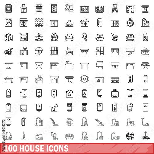 100 house icons set, outline style