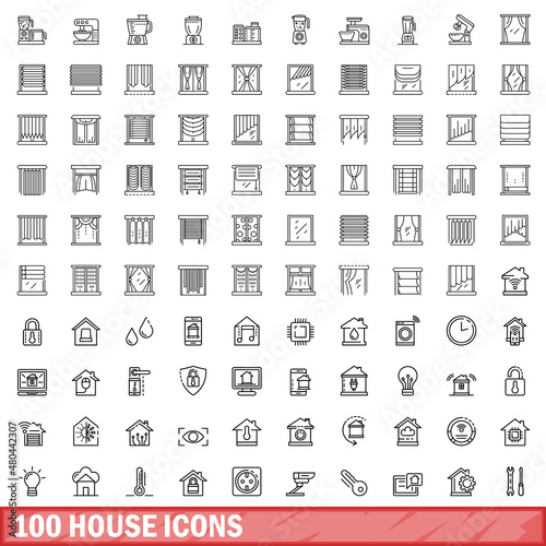 100 house icons set, outline style