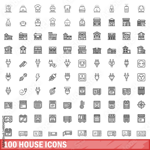 100 house icons set, outline style