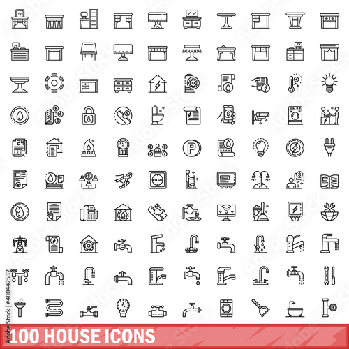 100 house icons set, outline style
