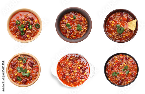 Set with tasty chili con carne on white background, top view