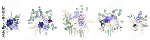 Periwinkle violet, purple anemone, dusty mauve and lilac rose, white hydrangea, hyacinth