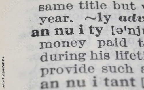 Annuity dictionary definition close-up. Shallow depth of field.