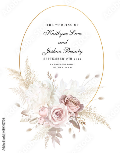 Boho beige and blush trendy vector design frame. Pastel pampas grass, ivory peony, creamy magnolia