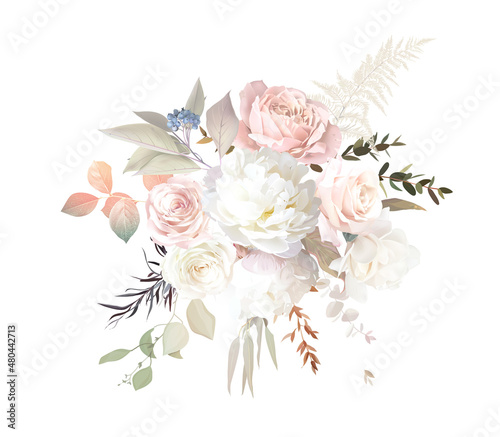 Boho beige and blush trendy vector design bouquet. Pastel fern, ivory peony, creamy magnolia