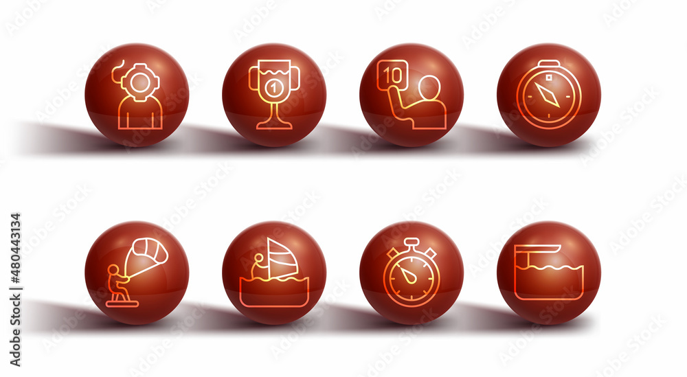 Set line Aqualung, Kitesurfing, Compass, Stopwatch, Windsurfing, Award cup, Diving board or springboard and Assessment of judges icon. Vector